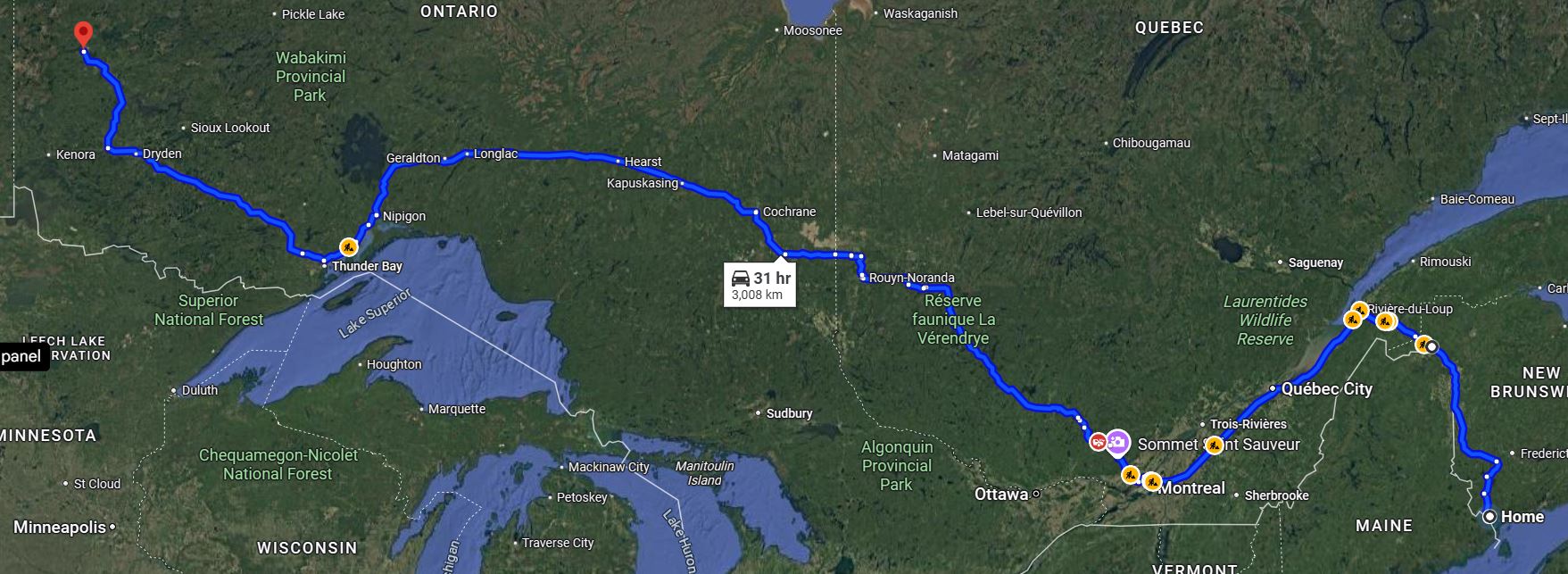 route from Chamcook to Red lake